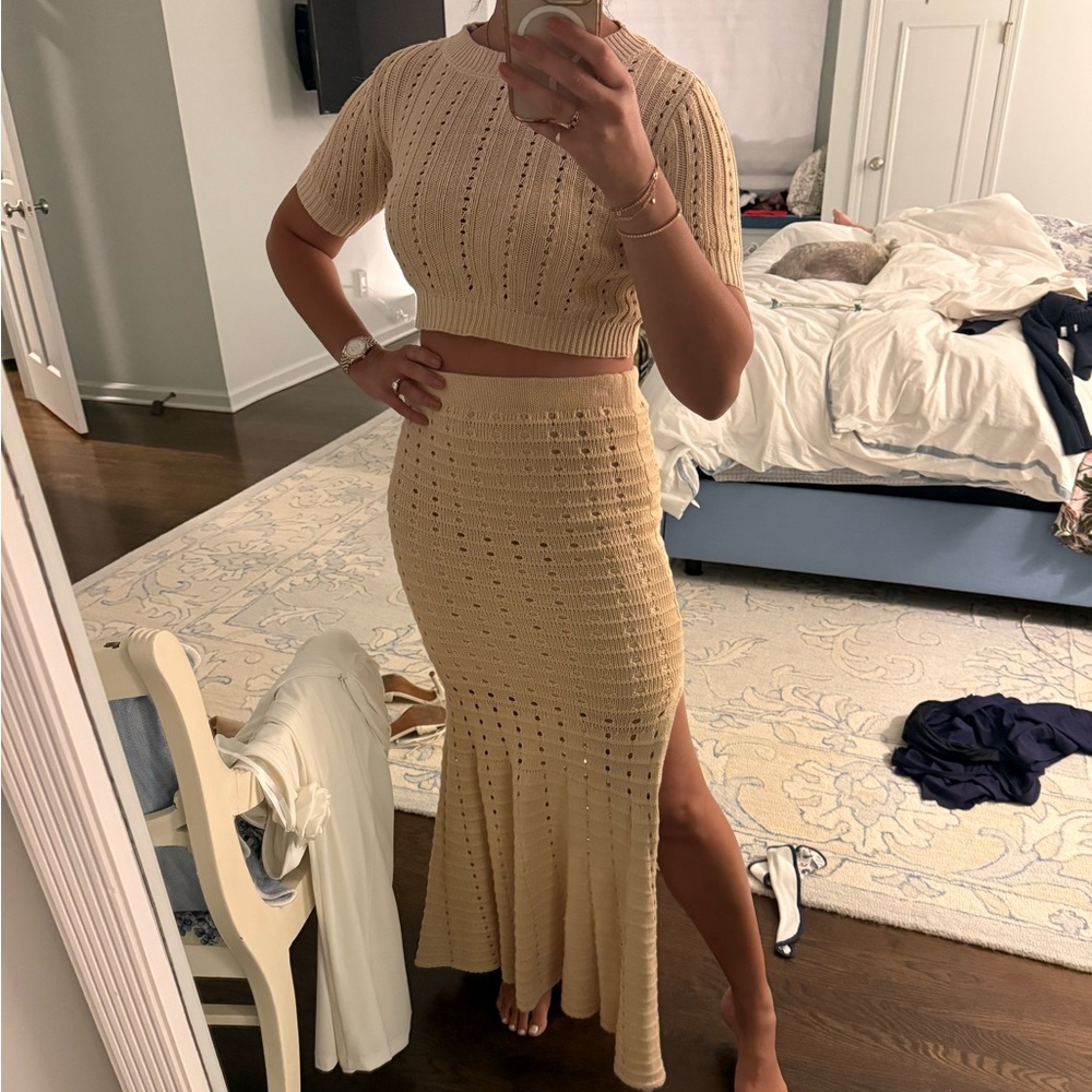Vici Knit Maxi Skirt Set in Beige/Cream